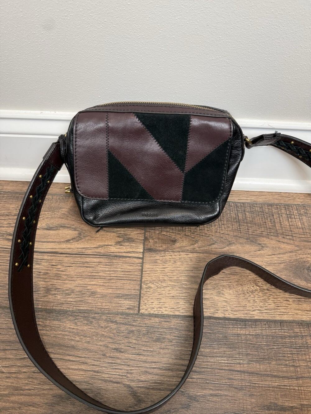 Fossil Aria Cow Hide Leather Suede Patchwork Crossbody Shoulder Bag Black Brown